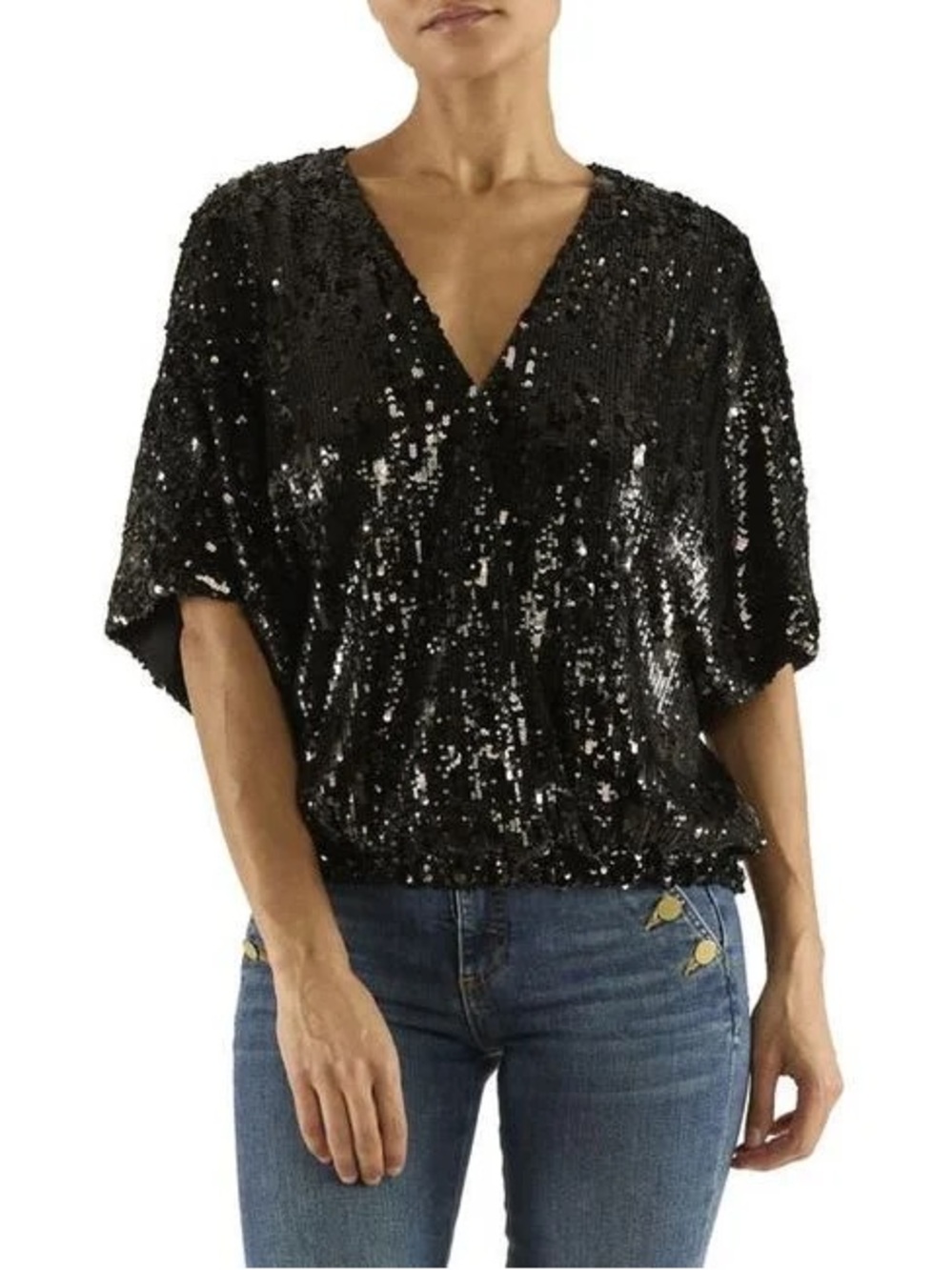 Ramy Brook Black Sequin V-Neck Blouse - Picture 3 of 3